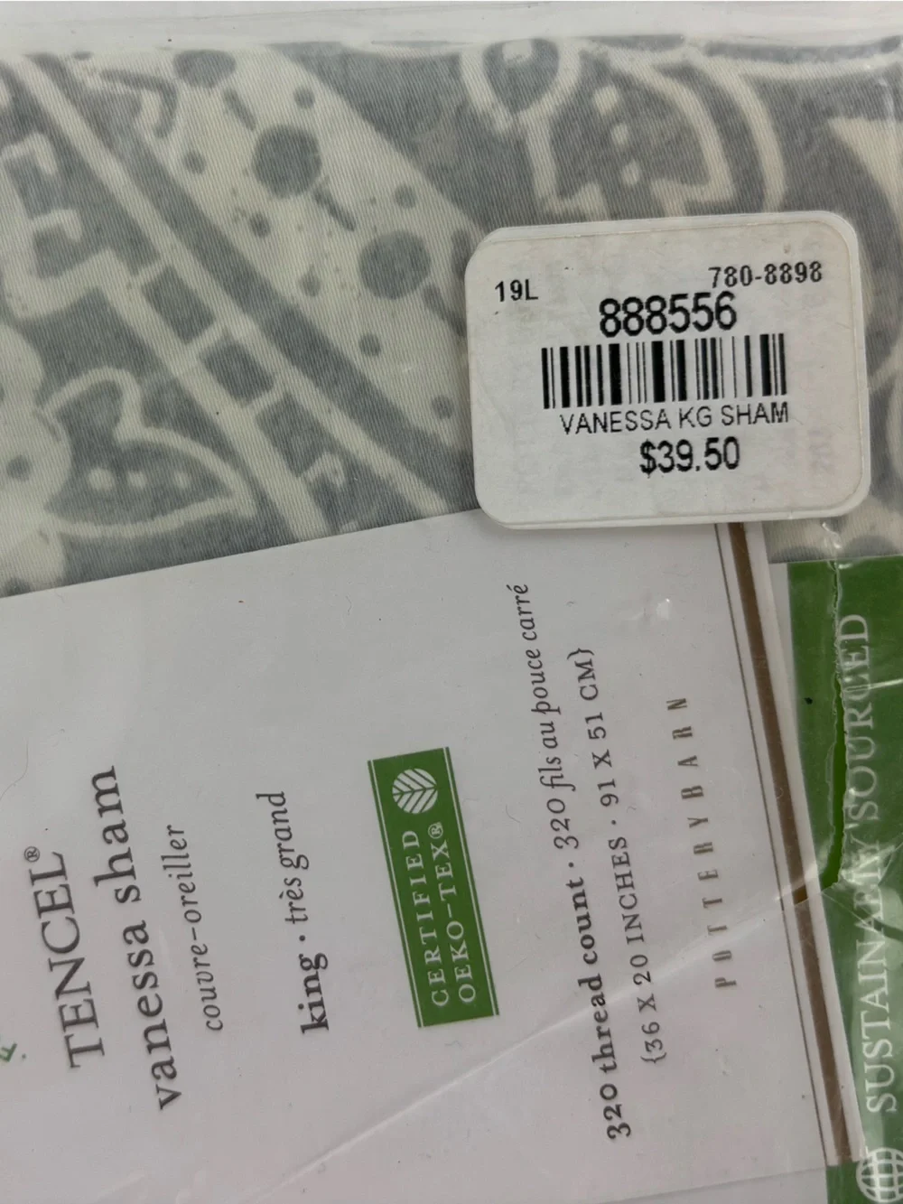 Pottery Barn Vanessa Tencel Sham King Gray White Paisley